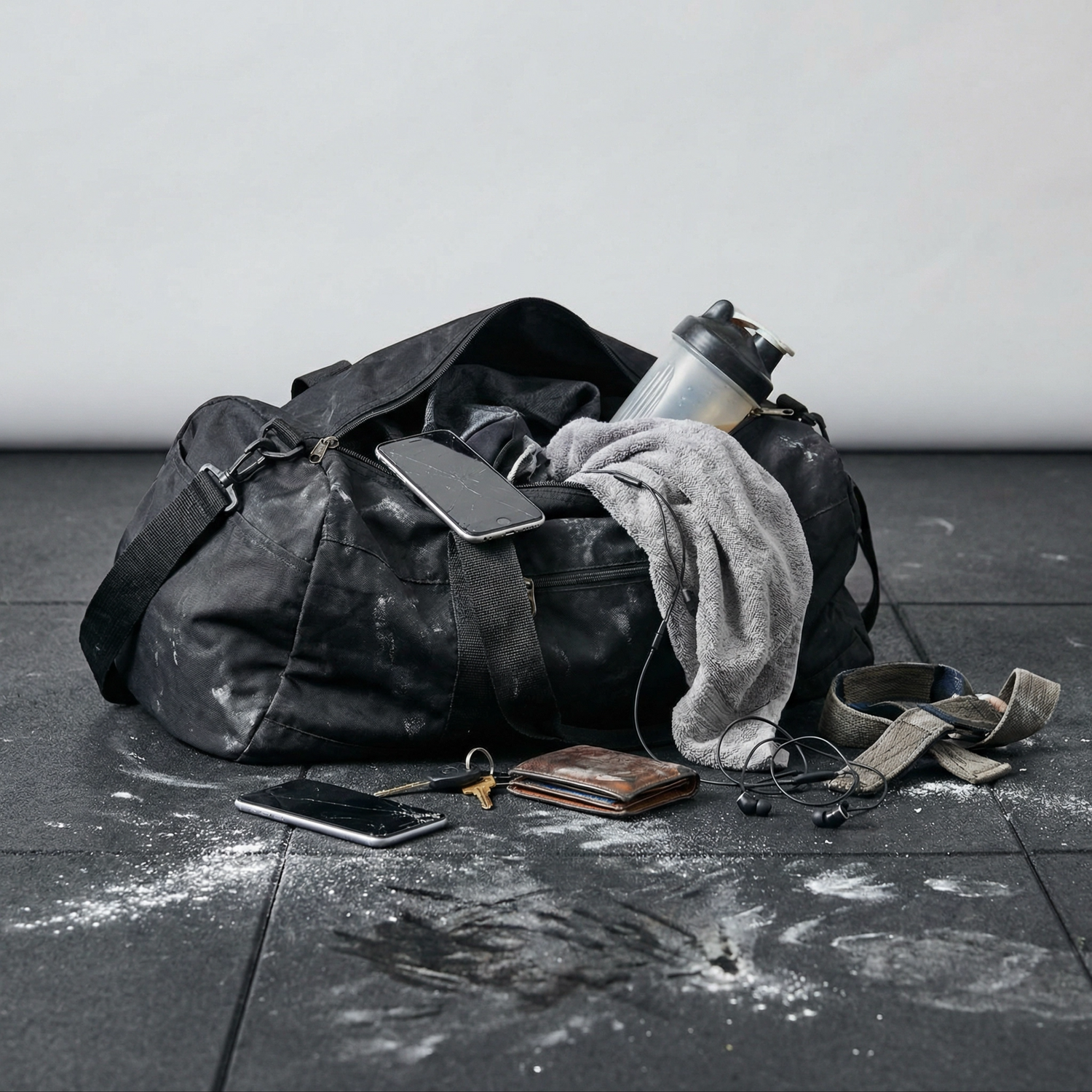 Black duffel bag with scattered items on a tiled floor
